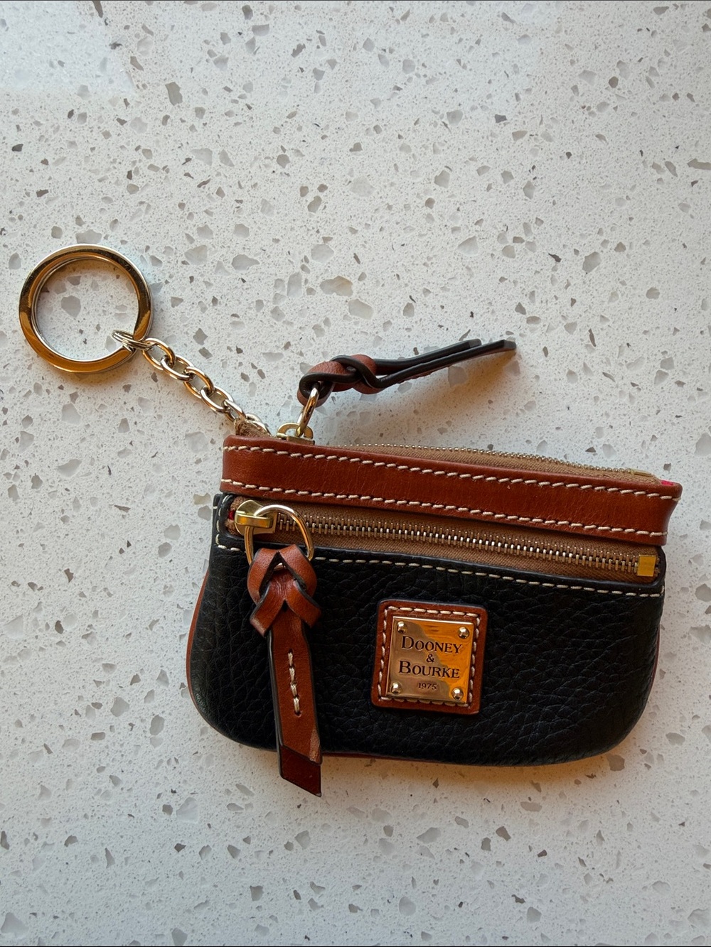 Dooney & Bourke Black and Brown Leather Key Pouch with Gold Hardware